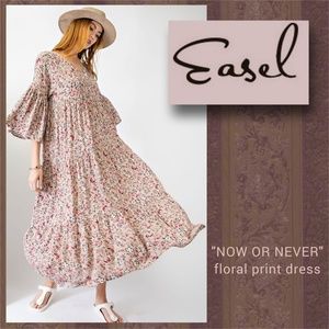 EASEL "Now Or Never" Flowy Bell Sleeved Floral Print Tiered V-Neck Midi Dress